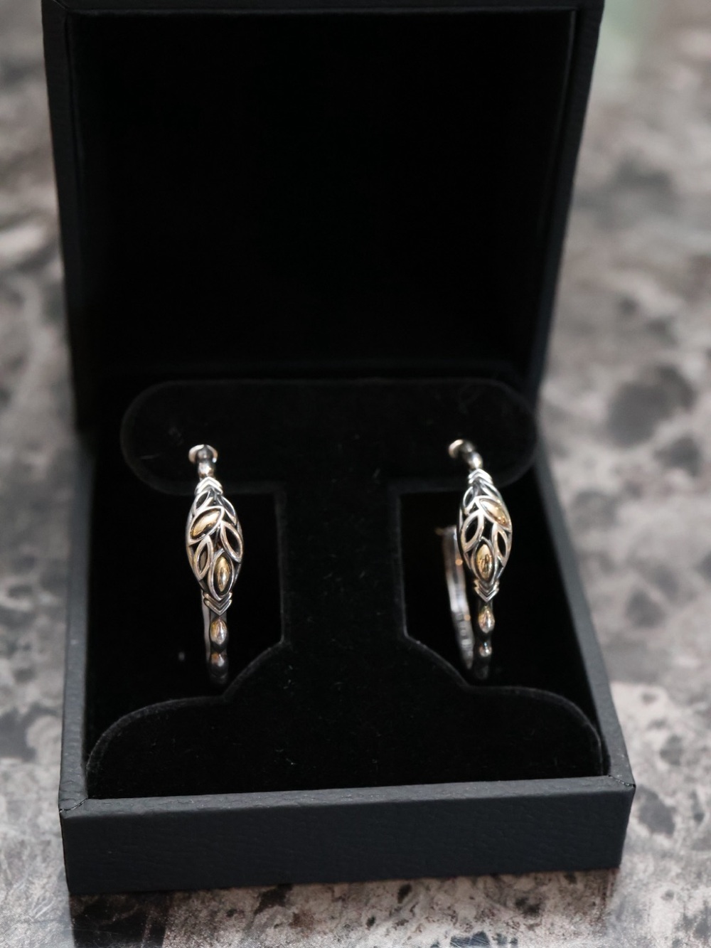 John Hardy Silver Leaf Hoop Earrings with Gold Accents